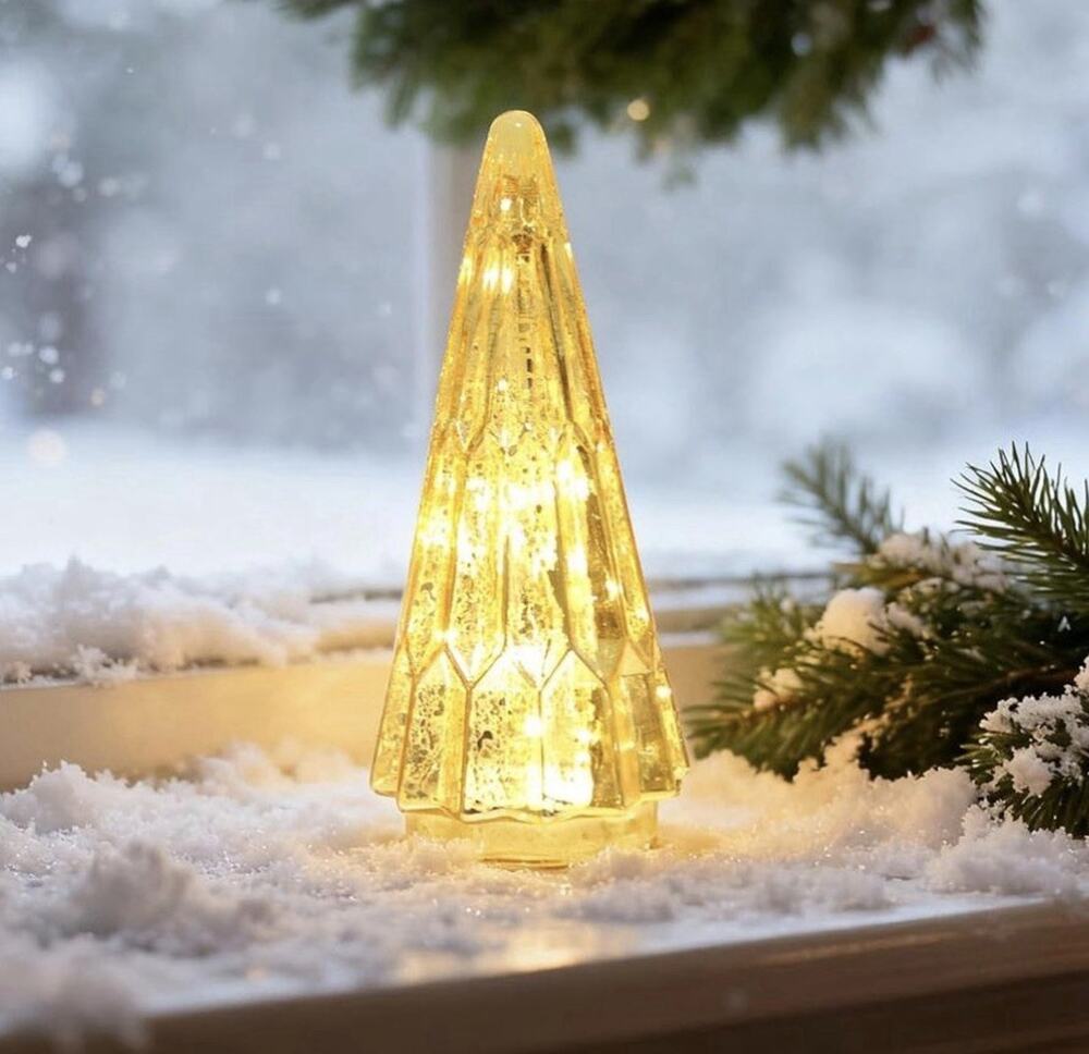Kaowod Crackled Glass Light Up Christmas Tree Table Decor Gold 10”